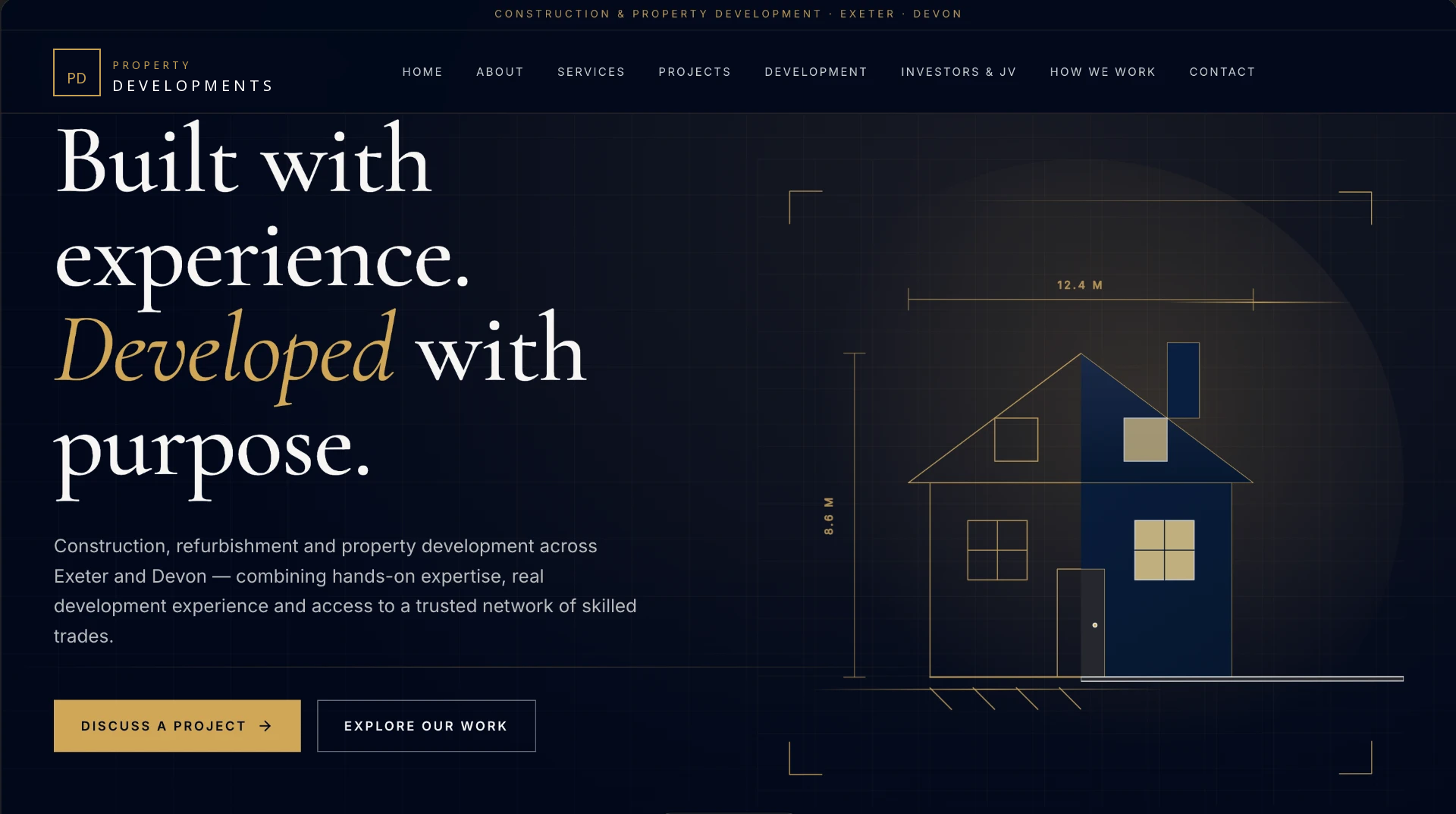 Navy and gold homepage hero of a property development website concept with neutral placeholder branding