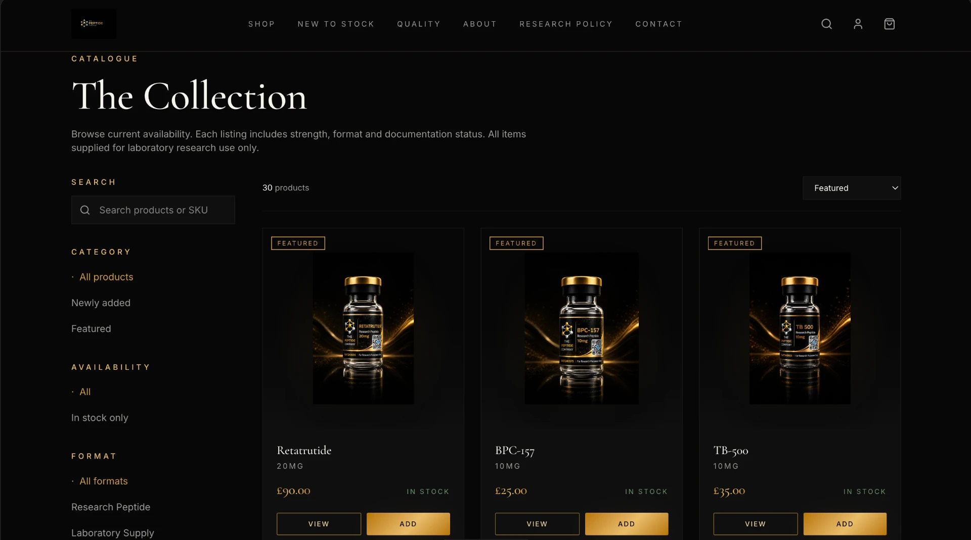 Dark, gold-accented product catalogue page of The Peptide Company e-commerce website built by TAG Growth Group