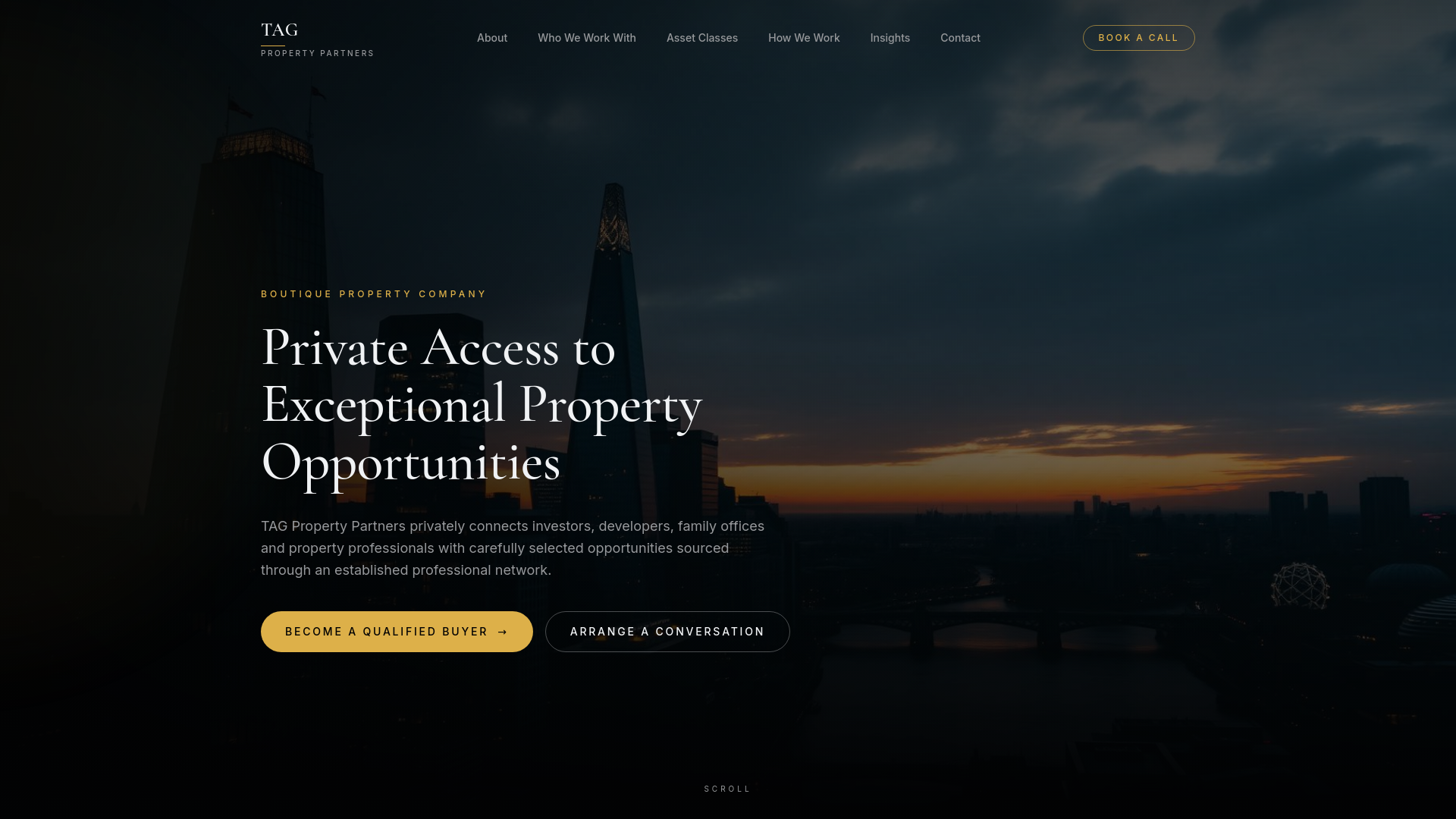 Dark charcoal and gold homepage hero of the TAG Property Partners website, a boutique off-market property investment brand