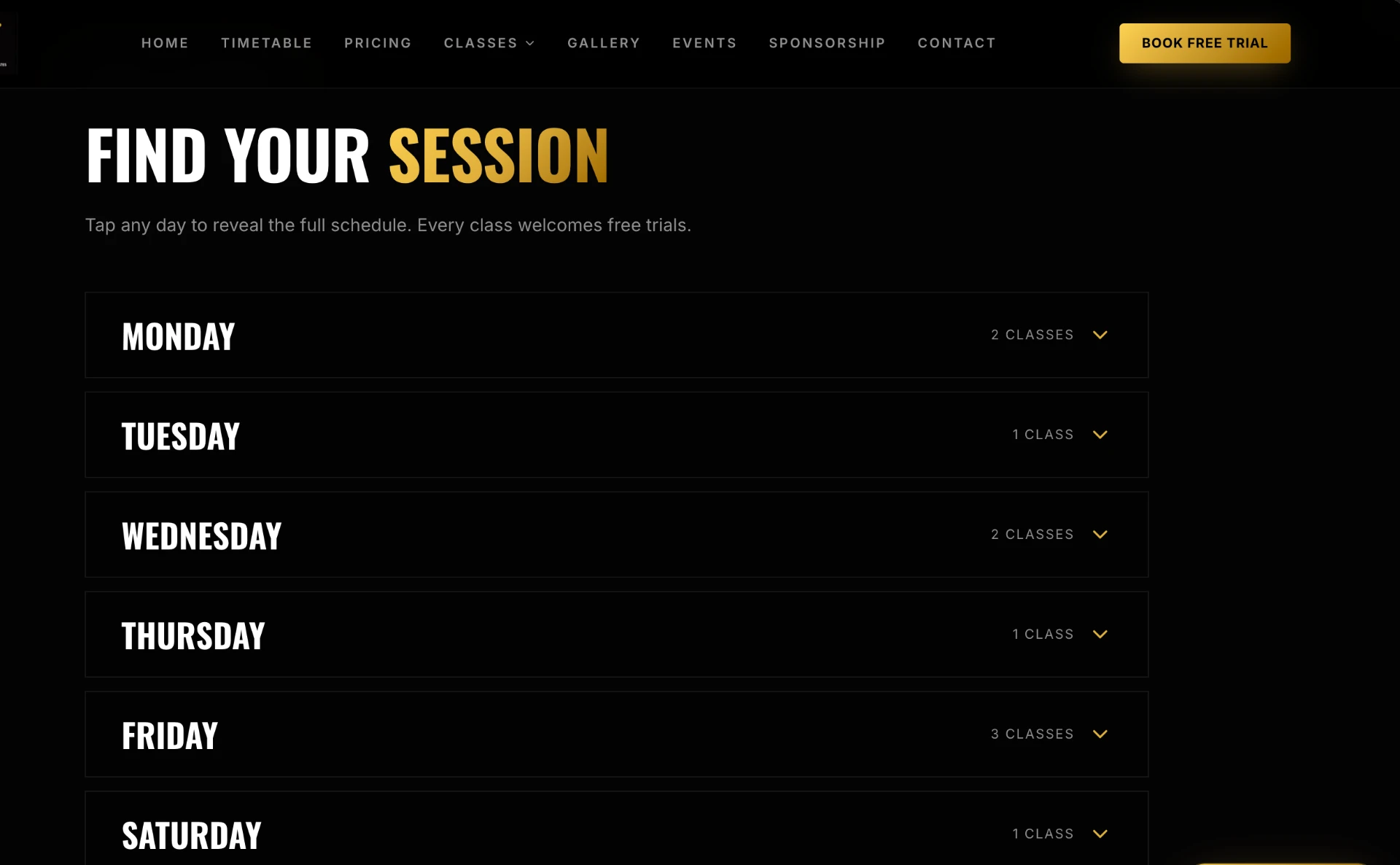 Bold black and gold class timetable page of a fitness and boxing studio website concept
