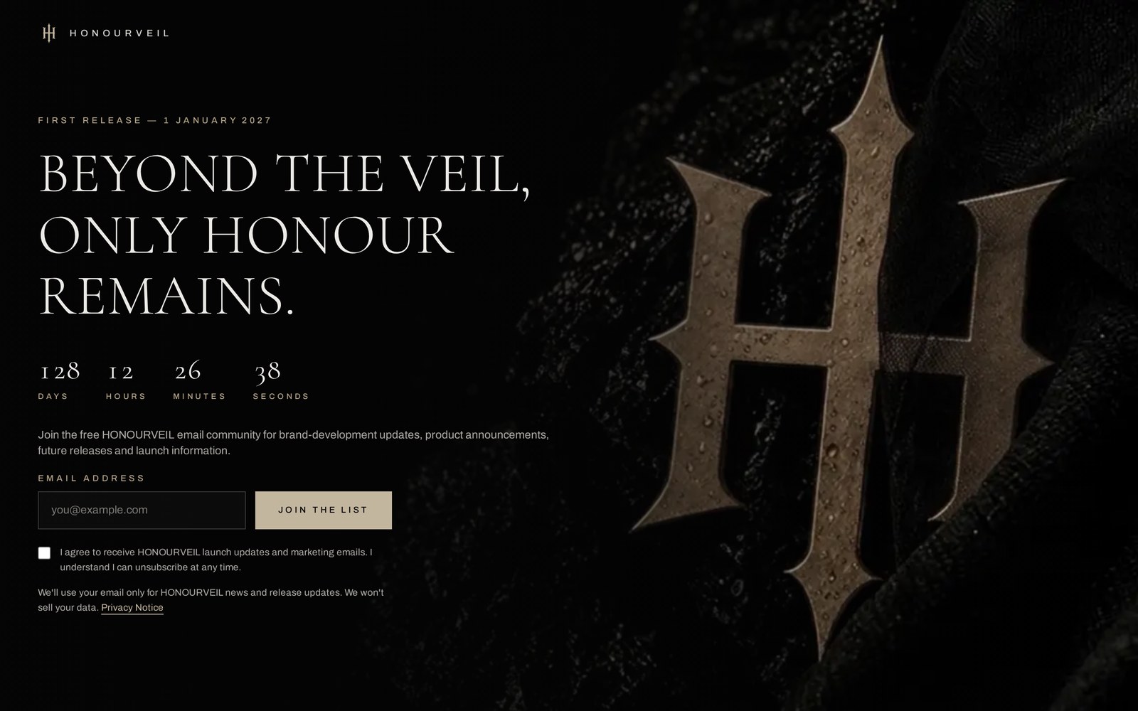 Dark, editorial homepage of the Honourveil launch website, showing the brand mark, countdown to the first release and email community sign-up